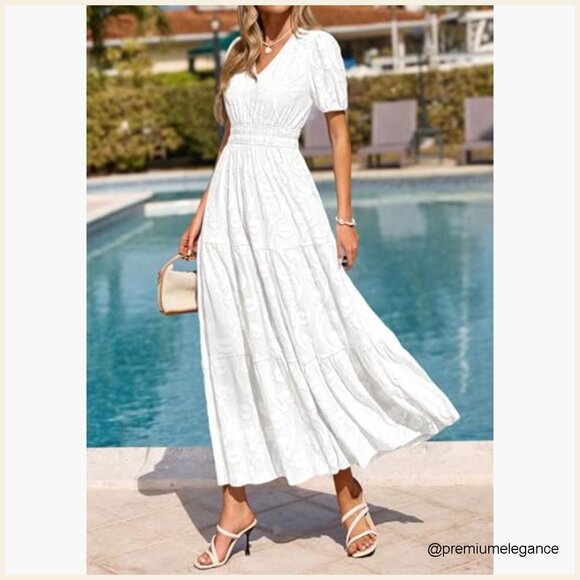 Boho Flowy Maxi Dress V-Neck Short Sleeves Elastic Waist Pockets - Picture 3 of 7
